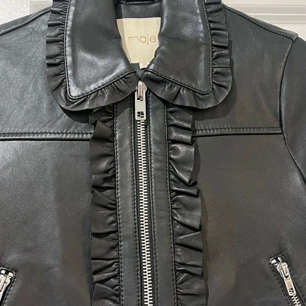 Maje Black Leather Ruffled Jacket - Picture 6 of 11